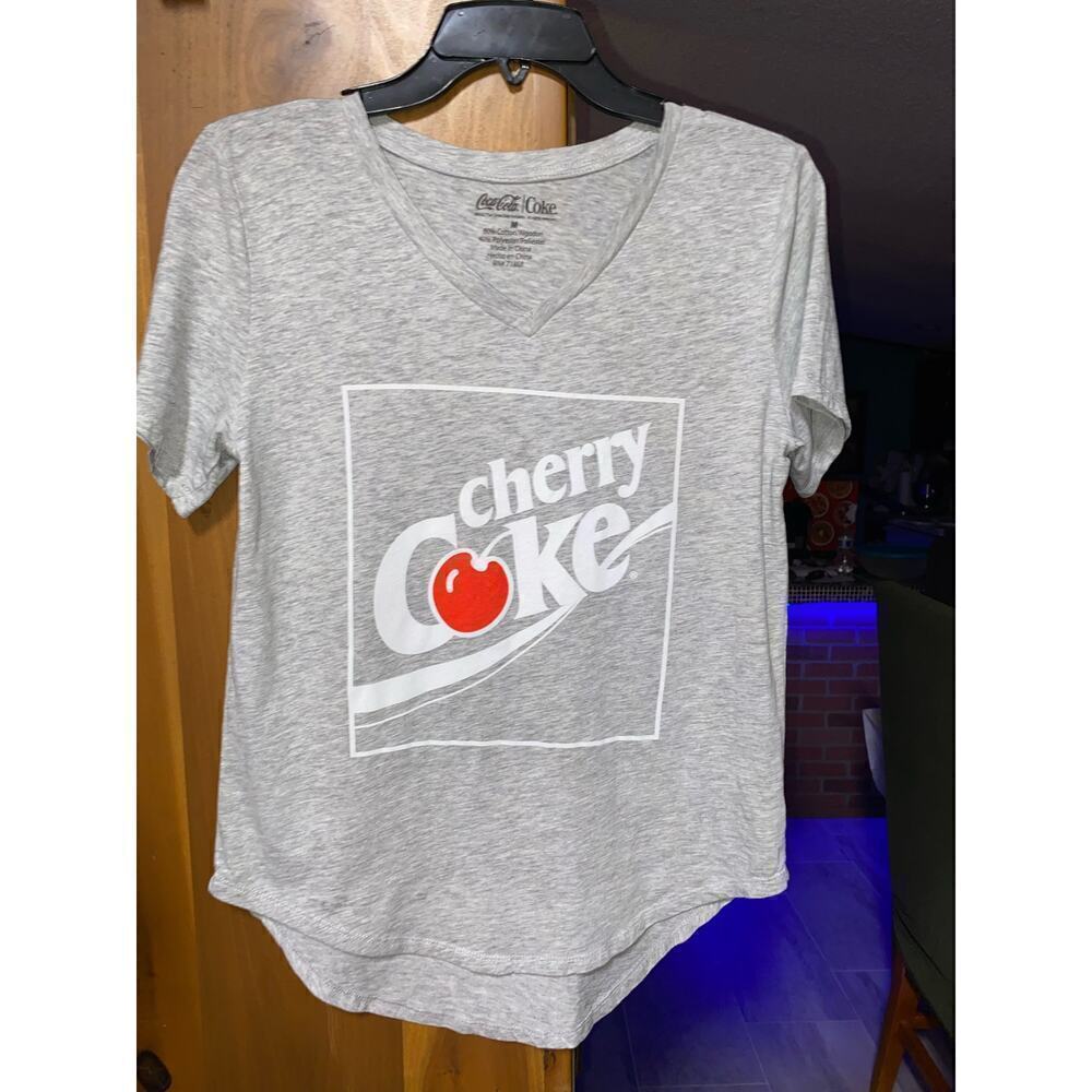 Cherry Coke T Shirt Womens Size Medium Gray Graphic Spell Out Logo‎ Coca Cola